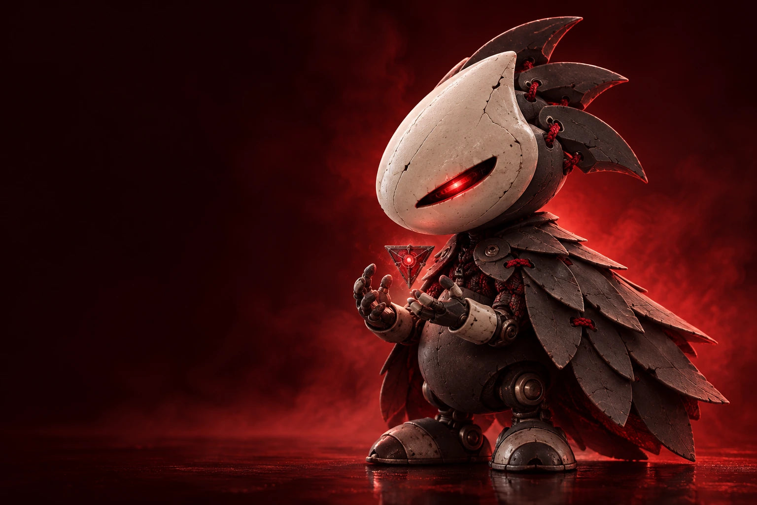 Original ceramic character with a crimson eye and layered charcoal cape
